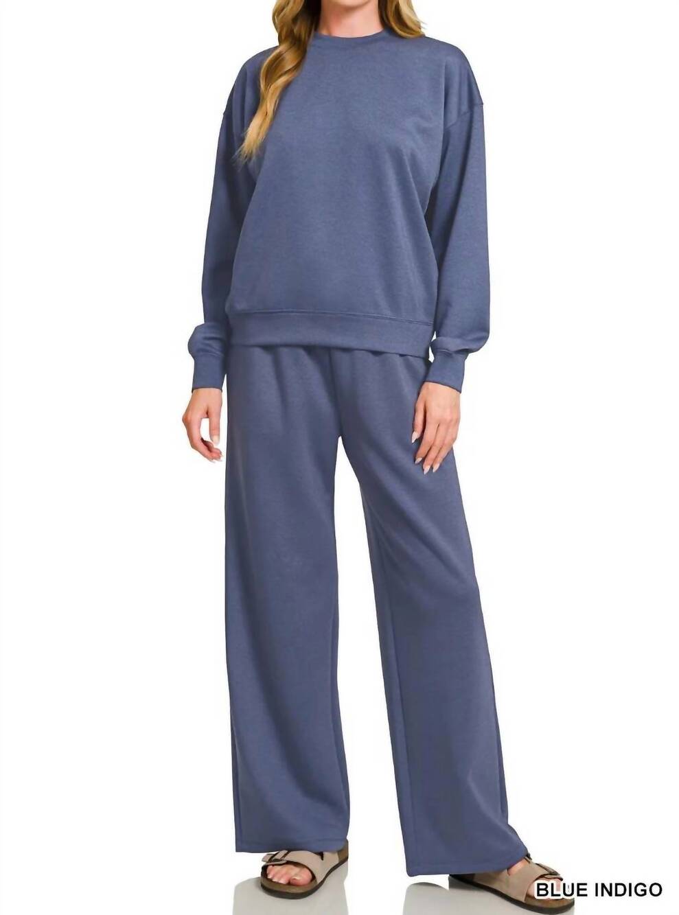 NEW ZENANA scuba wide leg pant in blue indigo